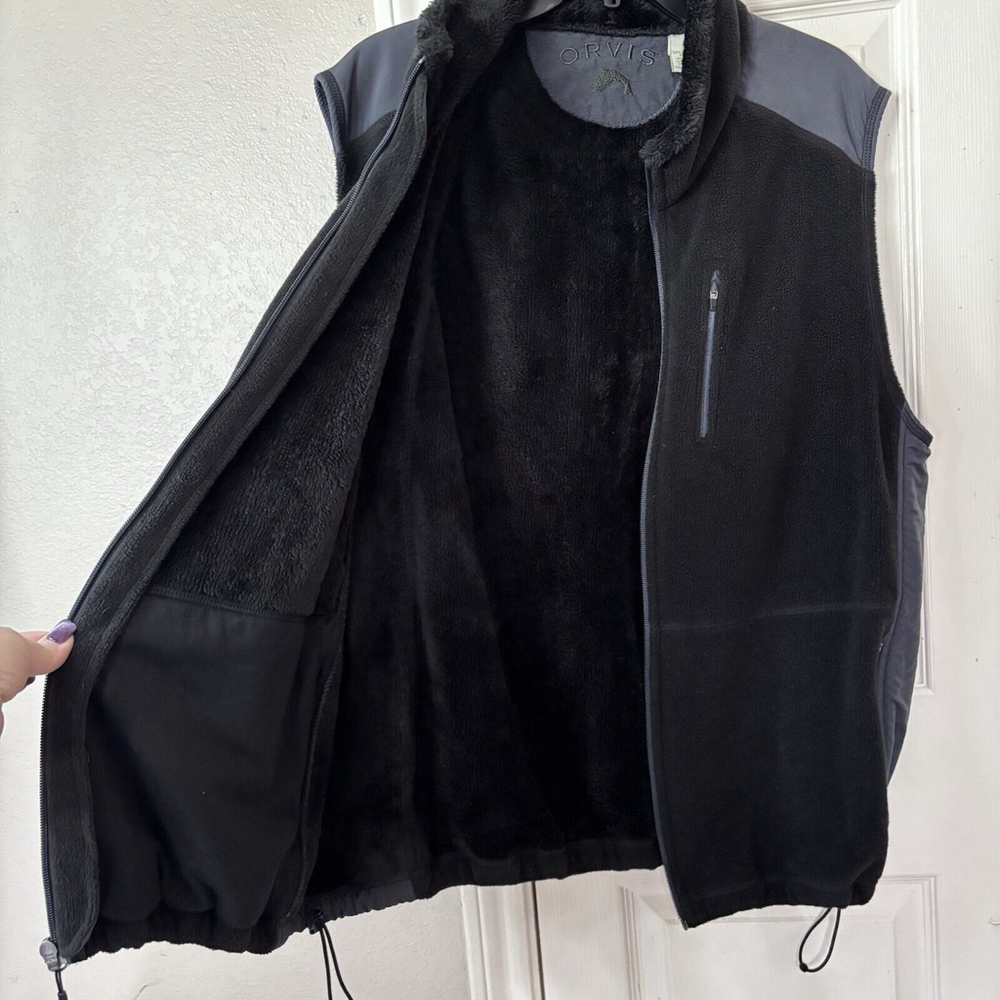 Orvis Men's XL Warm Black Fleece And Fur Lined Zip Vest 3 Pockets in Front - Picture 8 of 10
